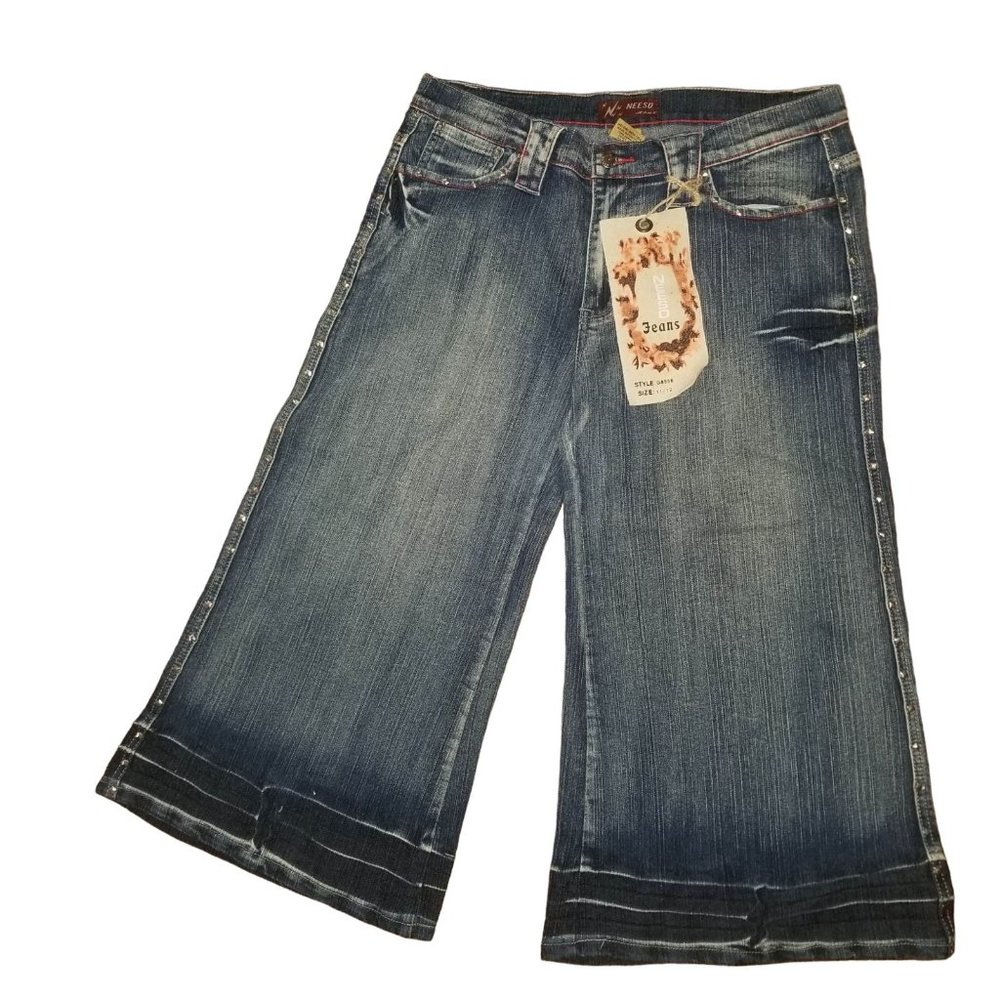 NWT Neeso Womens Blue Denim Wide Capri Pants Medium Wash Stretch Size 11/12